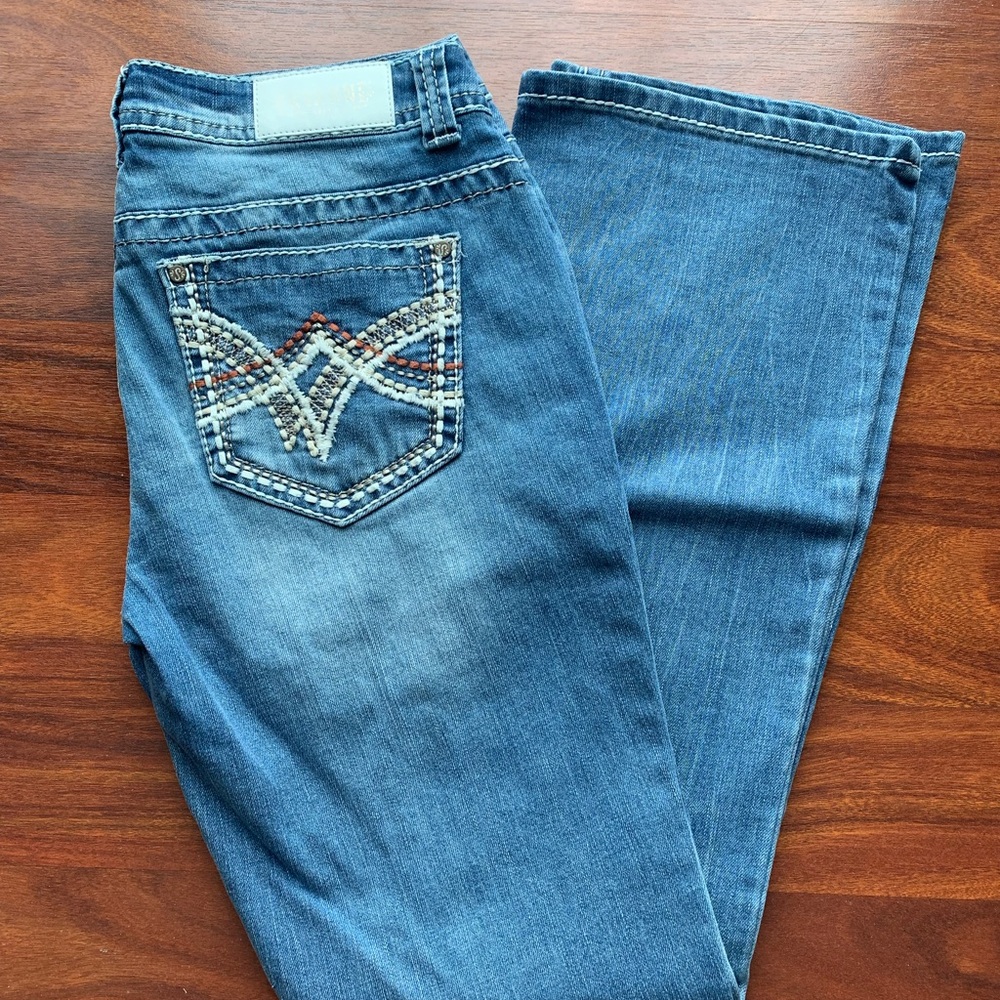 Shyanne Women's Boot Cut Jeans - Medium Blue with Multicolor Beaded Back Pocket